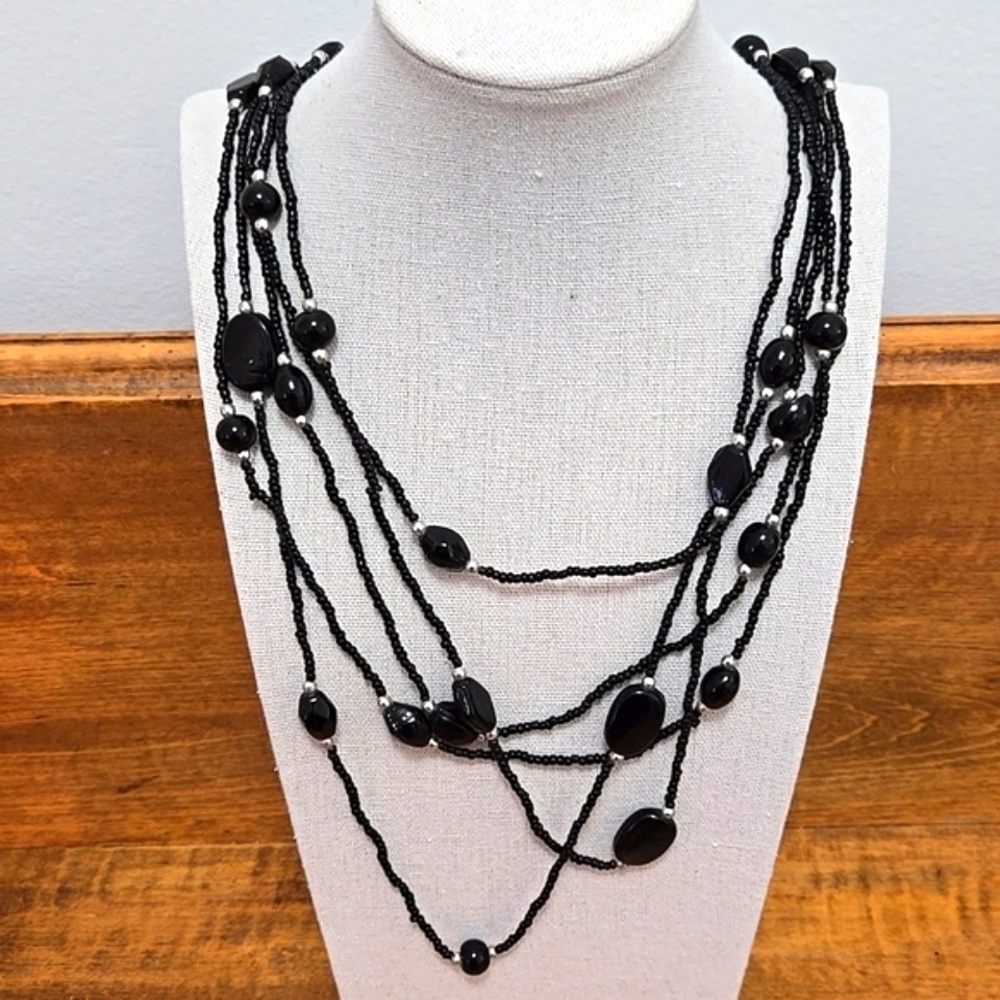 Black Glass Multi-strand Bead Necklace